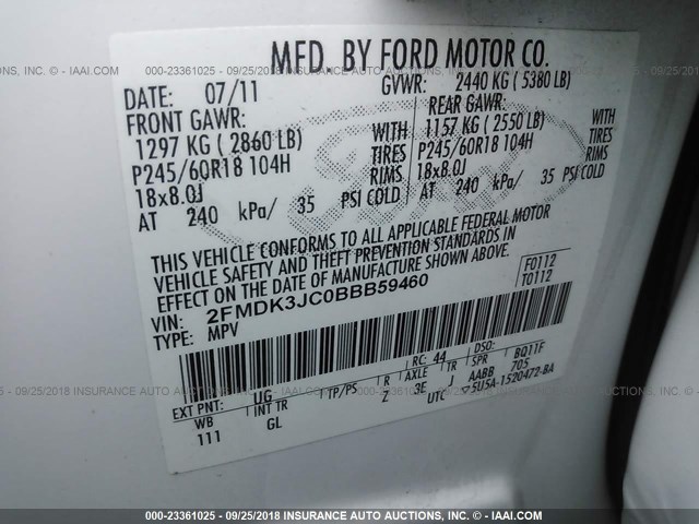 2FMDK3JC0BBB59460 - 2011 FORD EDGE SEL WHITE photo 9