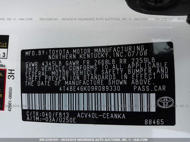 4T4BE46K09R089330 - 2009 TOYOTA CAMRY SE/LE/XLE თეთრი ფოტო 9