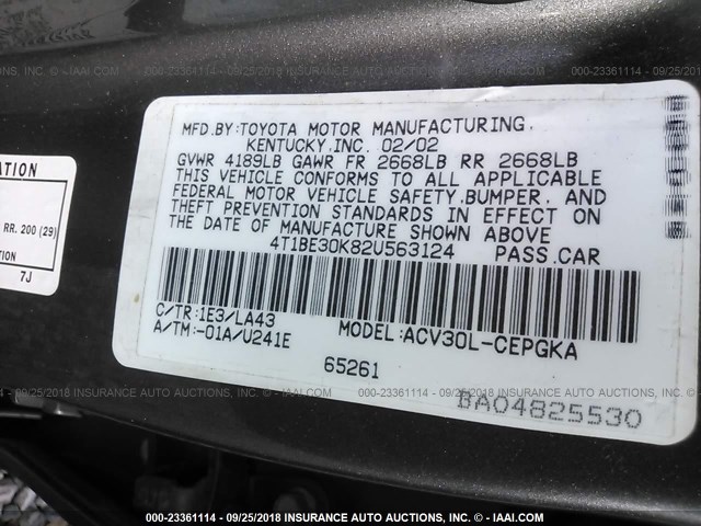 4T1BE30K82U563124 - 2002 TOYOTA CAMRY LE/XLE/SE Сұр фото 9