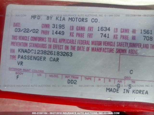 KNADC123826183263 - 2002 KIA RIO RED photo 9