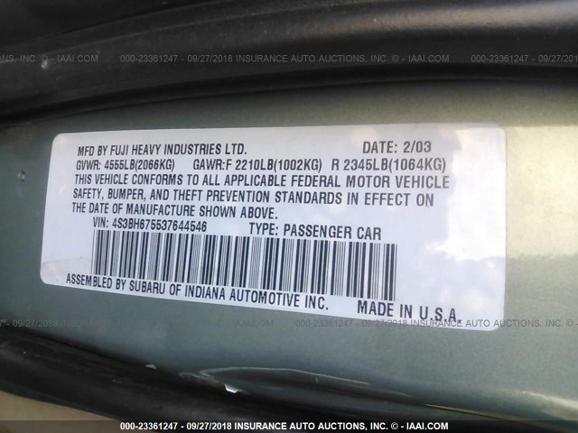 4S3BH675537644546 - 2003 SUBARU LEGACY OUTBACK AWP GREEN photo 9