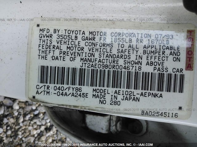 JT2AE09B0R0046718 - 1994 TOYOTA COROLLA LE/DX 白色 照片 9