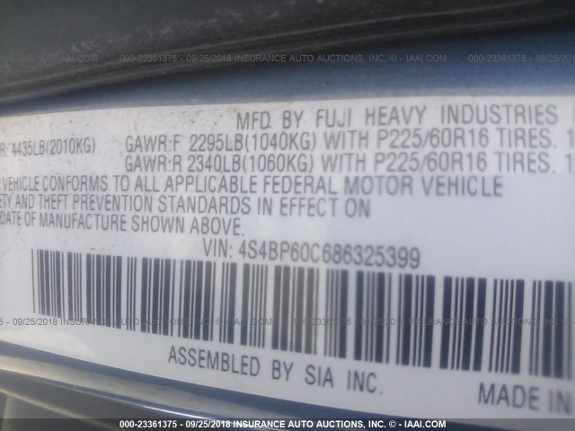 4S4BP60C686325399 - 2008 SUBARU OUTBACK BLUE photo 9