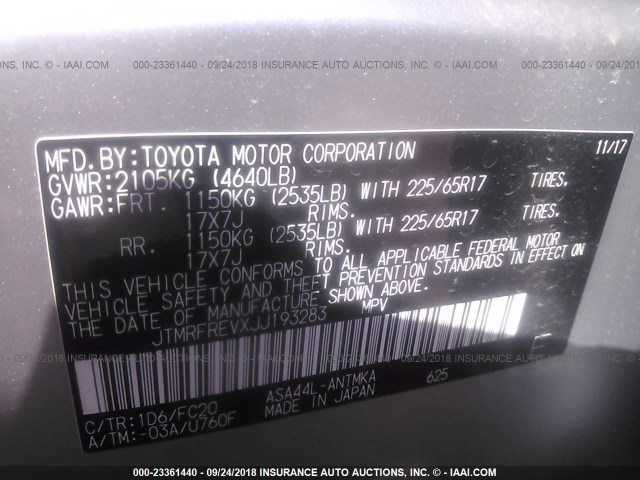 JTMRFREVXJJ193283 - 2018 TOYOTA RAV4 ADVENTURE/XLE 银色 照片 9