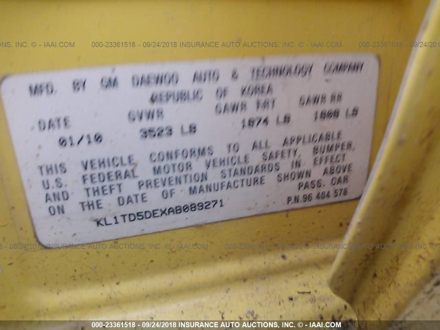 KL1TD5DEXAB089271 - 2010 CHEVROLET AVEO LS/LT 黄色 照片 9