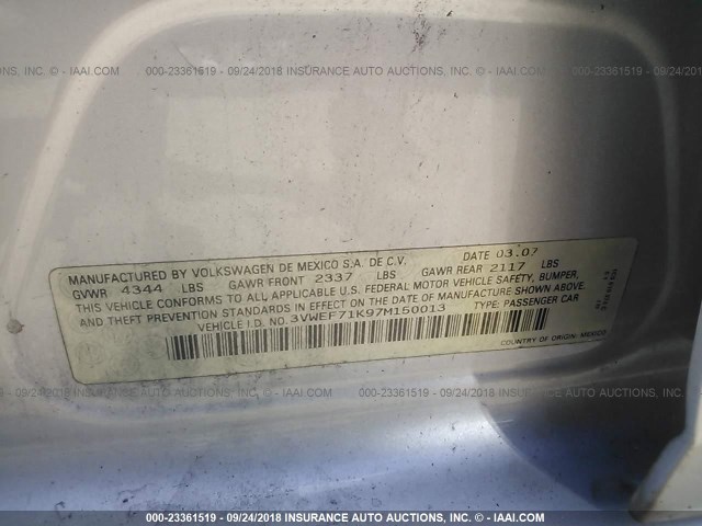 3VWEF71K97M150013 - 2007 VOLKSWAGEN JETTA WOLFSBURG 银色 照片 9
