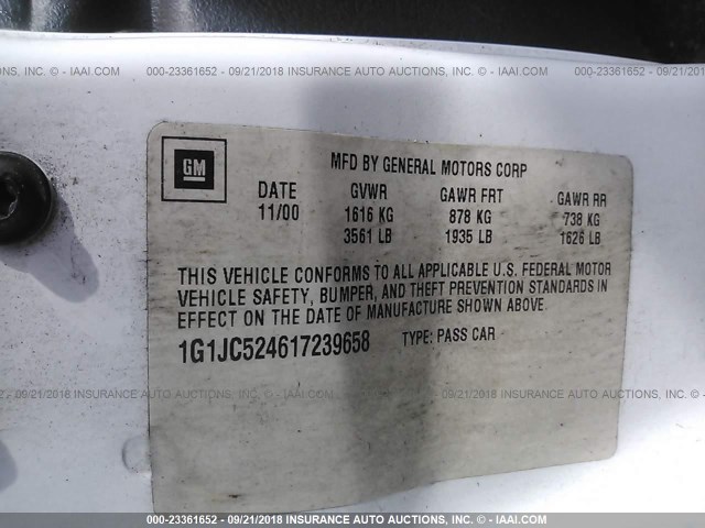 1G1JC524617239658 - 2001 CHEVROLET CAVALIER CNG WHITE photo 9