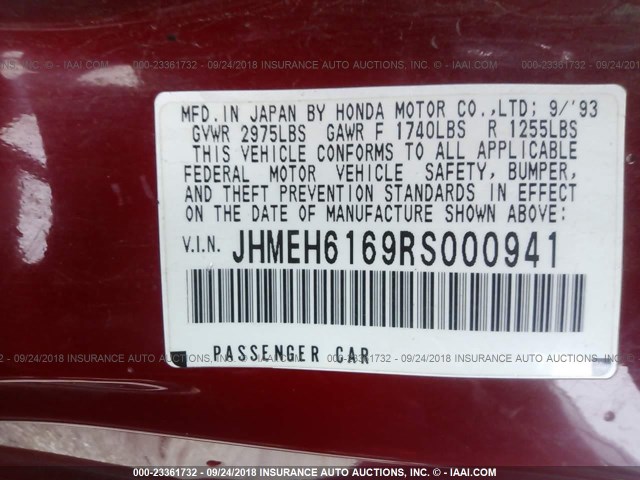 JHMEH6169RS000941 - 1994 HONDA CIVIC DEL SOL SI RED photo 9