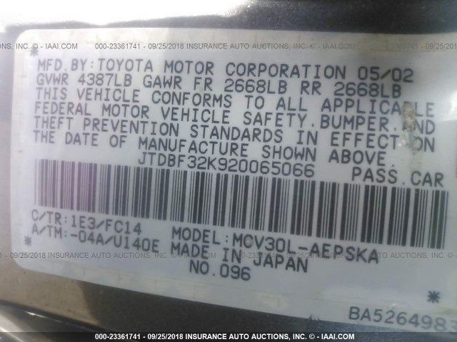 JTDBF32K920065066 - 2002 TOYOTA CAMRY LE/XLE/SE Boz foto 9