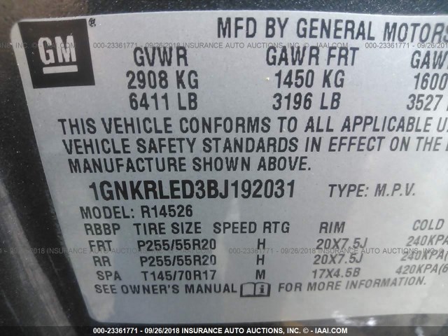 1GNKRLED3BJ192031 - 2011 CHEVROLET TRAVERSE LTZ GRAY photo 9