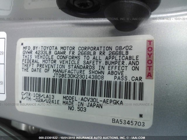 JTDBE30K230143808 - 2003 TOYOTA CAMRY LE/XLE Күміс фото 9