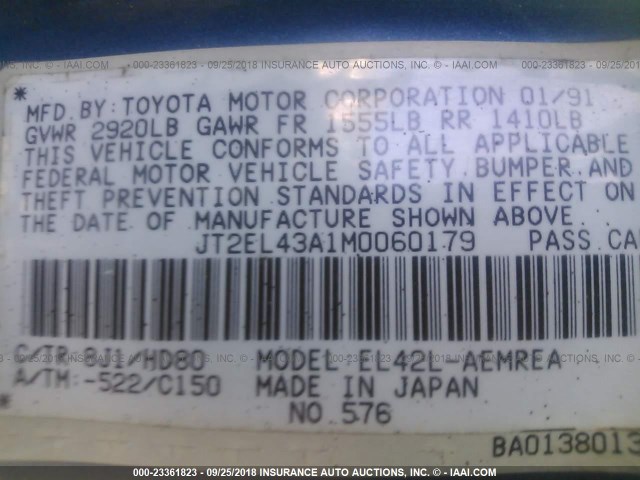 JT2EL43A1M0060179 - 1991 TOYOTA TERCEL DELUXE BLUE photo 9