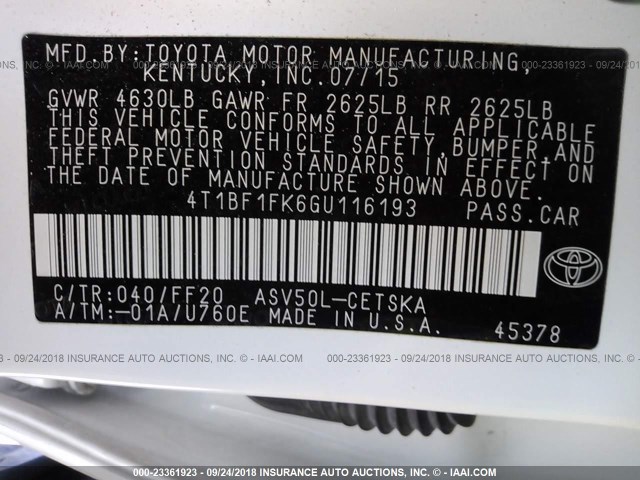 4T1BF1FK6GU116193 - 2016 TOYOTA CAMRY LE/XLE/SE/XSE 白色 照片 9