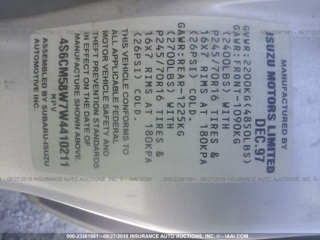 4S6CM58W7W4410211 - 1998 HONDA PASSPORT EX/LX 银色 照片 9