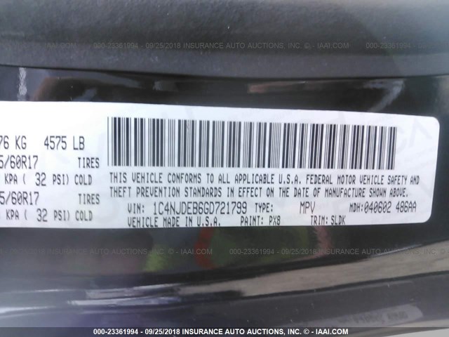 1C4NJDEB6GD721799 - 2016 JEEP COMPASS LATITUDE 黑色 照片 9