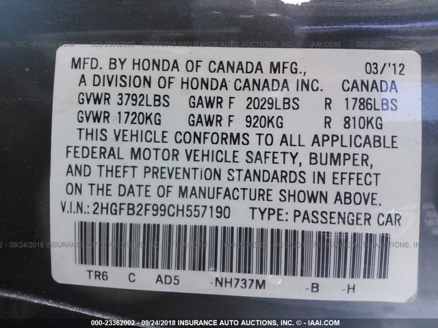 2HGFB2F99CH557190 - 2012 HONDA CIVIC EXL GRAY photo 9