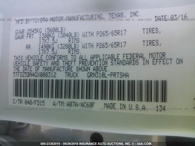 5TFDZ5BN4GX008312 - 2016 TOYOTA TACOMA DBL CAB/SR5/TRD SPORT/OR WHITE photo 9