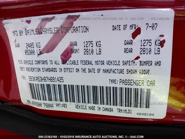 2B3KA53H87H891425 - 2007 DODGE CHARGER R/T RED photo 9