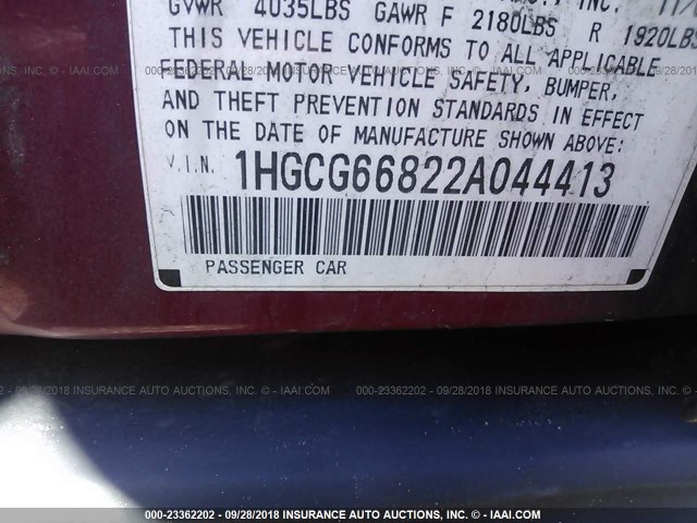 1HGCG66822A044413 - 2002 HONDA ACCORD EX/SE RED photo 9