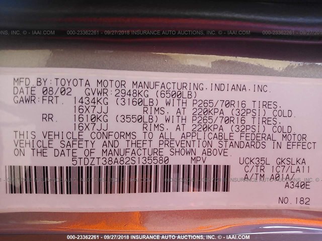 5TDZT38A82S135580 - 2002 TOYOTA SEQUOIA LIMITED Pewter photo 9