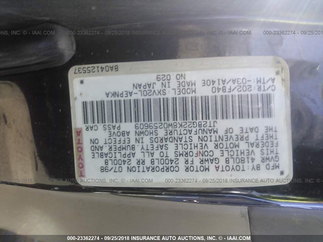 JT2BG22K8W0259609 - 1998 TOYOTA CAMRY CE/LE/XLE 黑色 照片 9