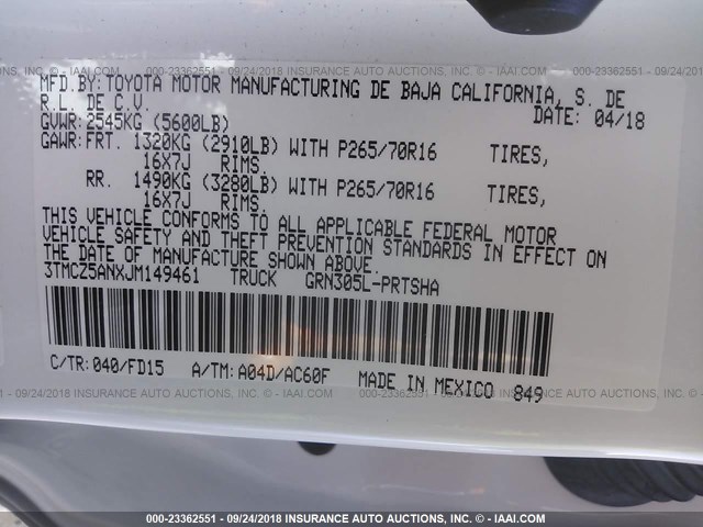 3TMCZ5ANXJM149461 - 2018 TOYOTA TACOMA DBL CAB/SR/TRDSPT/OR/PRO თეთრი ფოტო 9
