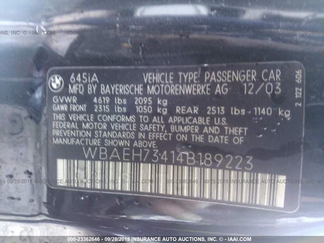 WBAEH73414B189223 - 2004 BMW 645 CI AUTOMATIC BLACK photo 9