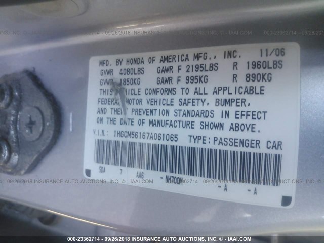 1HGCM56167A061065 - 2007 HONDA ACCORD VALUE SILVER photo 9