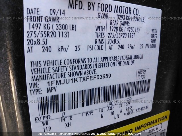 1FMJU1KTXFEF03659 - 2015 FORD EXPEDITION LIMITED GRAY photo 9