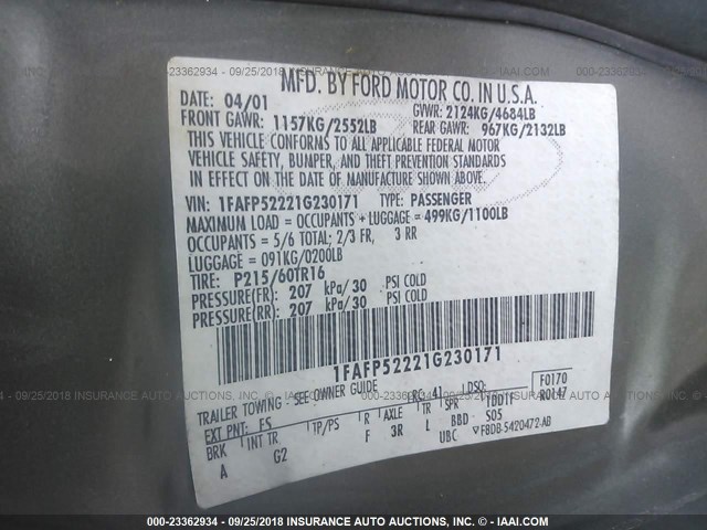 1FAFP52221G230171 - 2001 FORD TAURUS LX GRAY photo 9