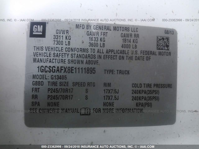 1GCSGAFX8E1111895 - 2014 CHEVROLET EXPRESS G1500  WHITE photo 9