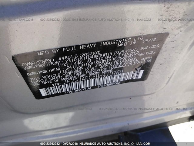 JF2SJAEC5HH410760 - 2017 SUBARU FORESTER 2.5I PREMIUM SILVER photo 9