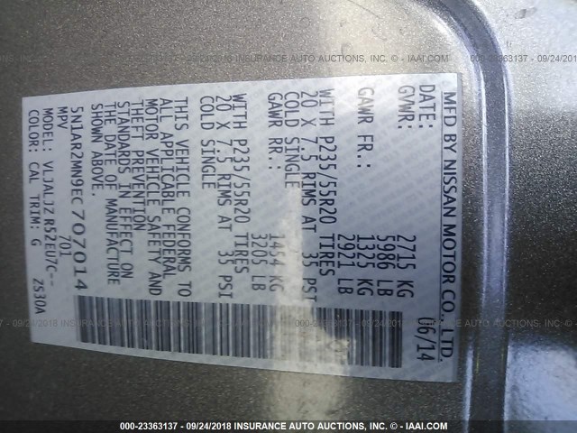 5N1AR2MN9EC707014 - 2014 NISSAN PATHFINDER S/SV/SL/PLATINUM BROWN photo 9