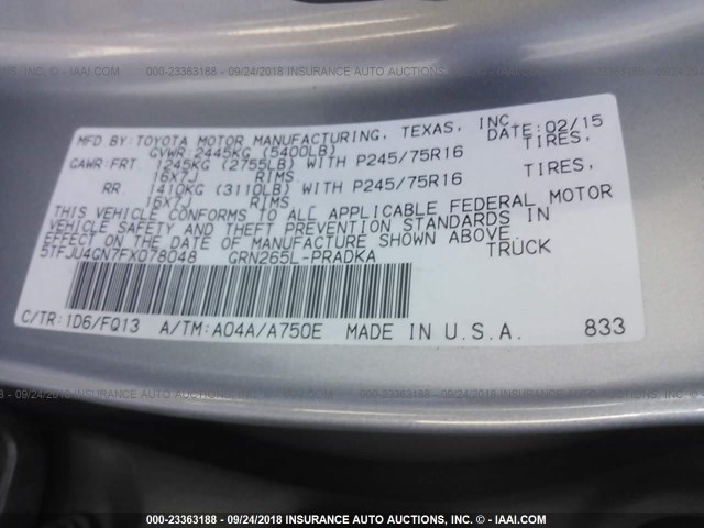 5TFJU4GN7FX078048 - 2015 TOYOTA TACOMA DOUBLE CAB PRERUNNER SILVER photo 9