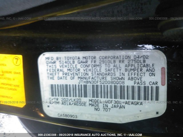 JTHBN30F520080008 - 2002 LEXUS LS 430 BLACK photo 9