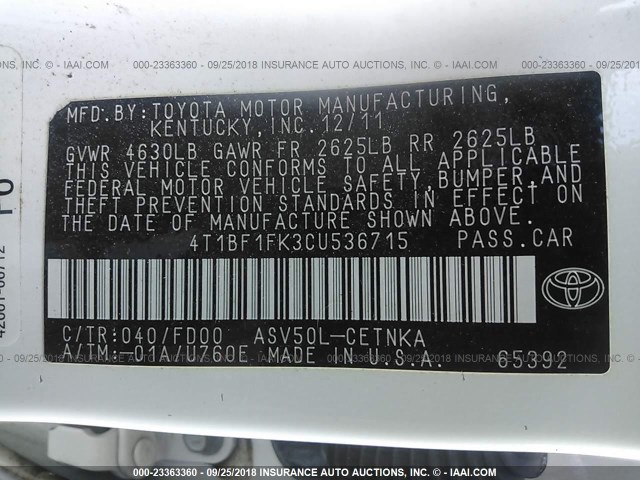 4T1BF1FK3CU536715 - 2012 TOYOTA CAMRY SE/LE/XLE 白色 照片 9