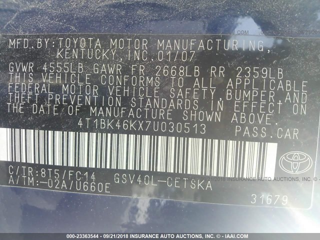 4T1BK46KX7U030513 - 2007 TOYOTA CAMRY NEW GENERAT LE/XLE/SE BLUE photo 9