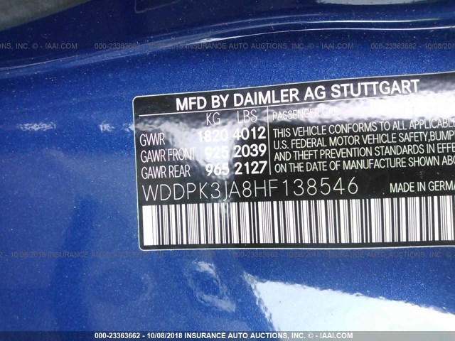 WDDPK3JA8HF138546 - 2017 MERCEDES-BENZ SLC 300 BLUE photo 9