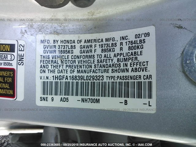 1HGFA16839L029323 - 2009 HONDA CIVIC EX SILVER photo 9