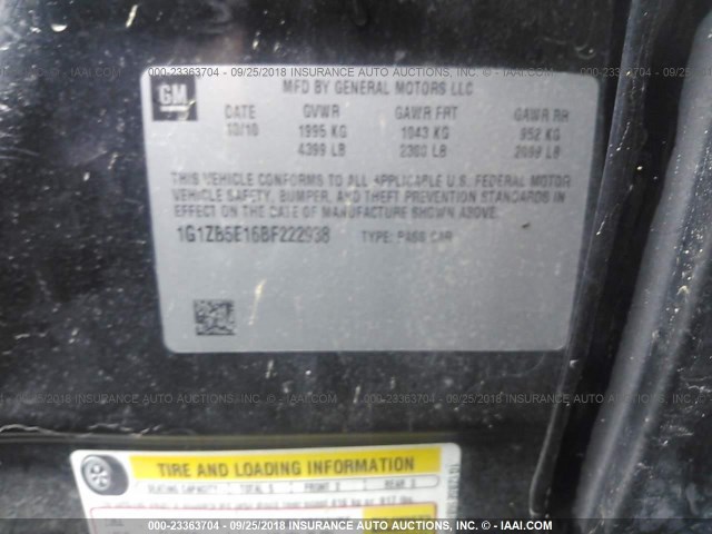 1G1ZB5E16BF222938 - 2011 CHEVROLET MALIBU LS 黑色 照片 9