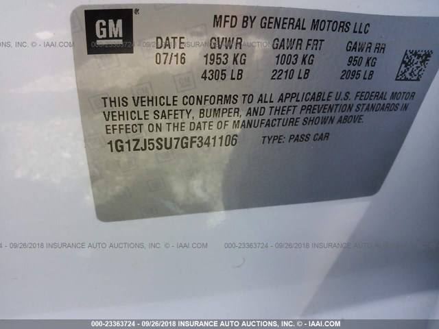 1G1ZJ5SU7GF341106 - 2016 CHEVROLET MALIBU HYBRID WHITE photo 9