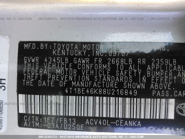 4T1BE46K88U216849 - 2008 TOYOTA CAMRY CE/LE/XLE/SE SILVER photo 9