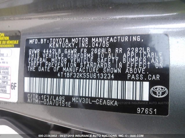 4T1BF32K55U613234 - 2005 TOYOTA CAMRY LE/XLE/SE Сұр фото 9