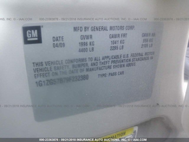 1G1ZG57B79F232380 - 2009 CHEVROLET MALIBU LS 金色 照片 9