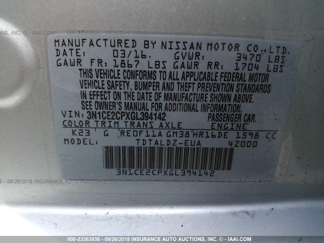 3N1CE2CPXGL394142 - 2016 NISSAN VERSA NOTE S/S PLUS/SV/SL/SR SILVER photo 9