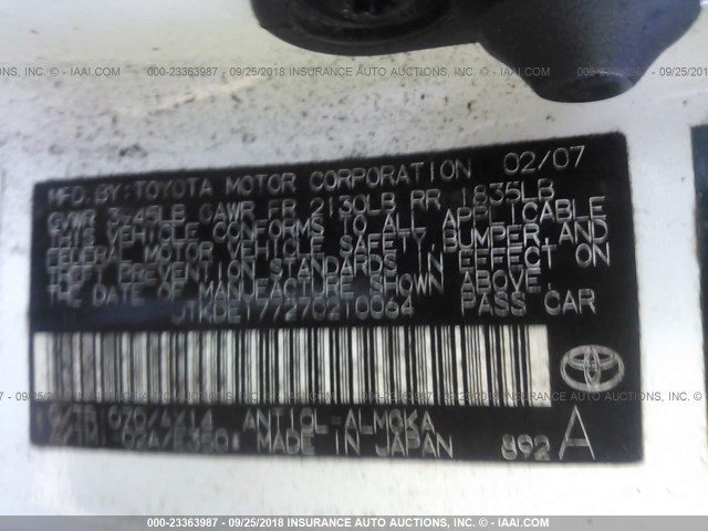 JTKDE177270210064 - 2007 TOYOTA SCION TC 白色 照片 9