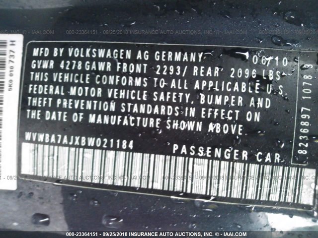 WVWBA7AJXBW021184 - 2011 VOLKSWAGEN GOLF BLUE photo 9