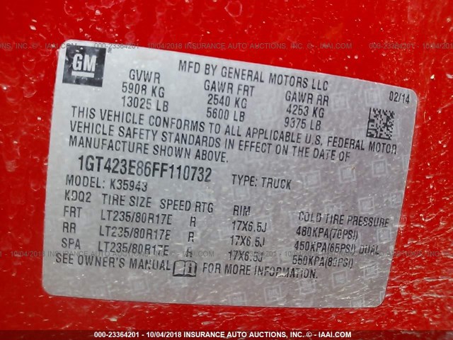 1GT423E86FF110732 - 2015 GMC SIERRA K3500 SLT RED photo 10