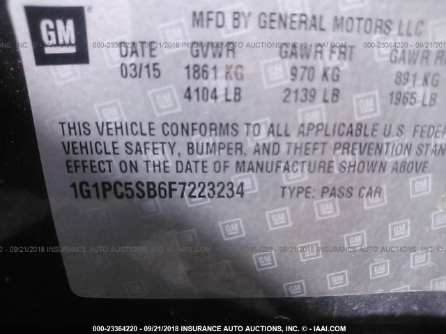 1G1PC5SB6F7223234 - 2015 CHEVROLET CRUZE LT BLACK photo 9