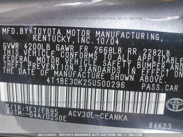 4T1BE30K25U500296 - 2005 TOYOTA CAMRY LE/XLE/SE Сұр фото 9
